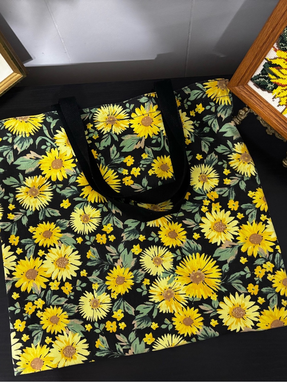 Old Navy Black Floral Sunflower Tote Bag - Yellow Sunflower Print